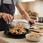 Person preparing food in a kitchen with a focus on the food preparation process.