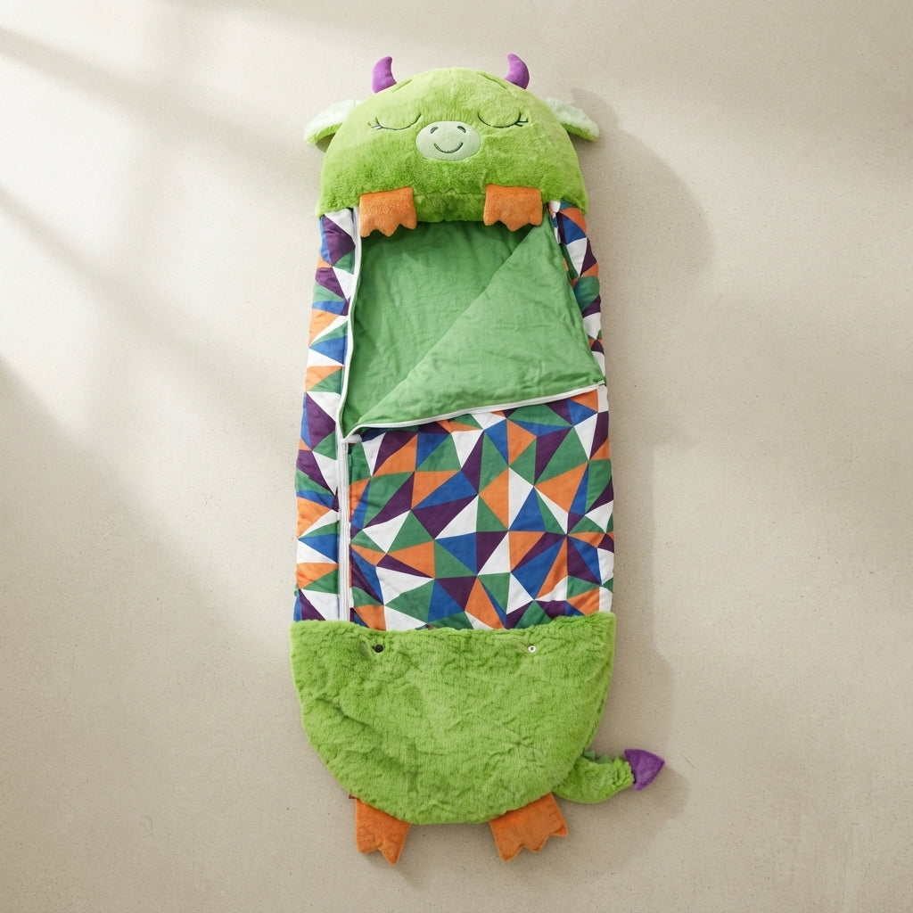 A green monster-shaped sleeping bag or plush blanket with purple horns, orange feet, and a colorful geometric patterned body, photographed against a plain light beige wall.