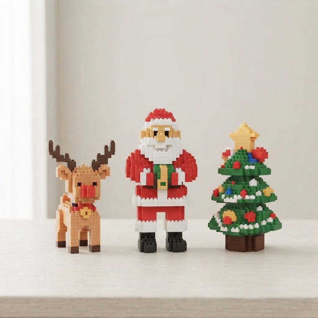 Three small block-built Christmas figures standing on a light surface against a soft off-white background: a reindeer on the left, Santa Claus in the center, and a decorated Christmas tree on the right.