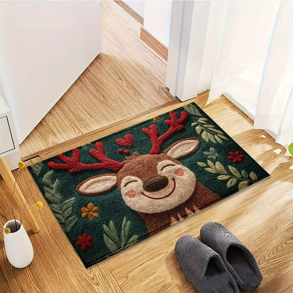 Doormat with a reindeer design on a wooden floor next to a white mug and gray slippers.