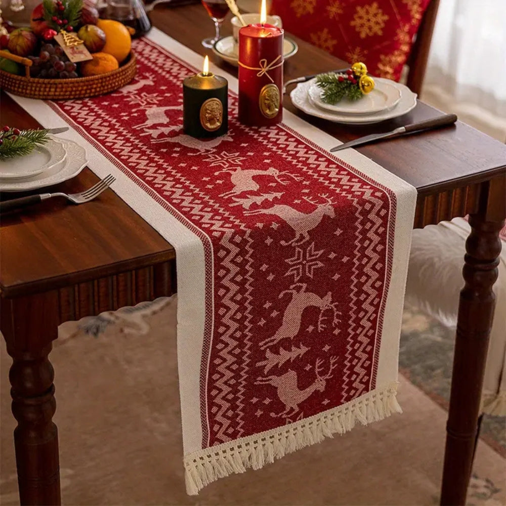 Christmas Elk Table Runner - Soft Microfiber with Tasseled Edges 0