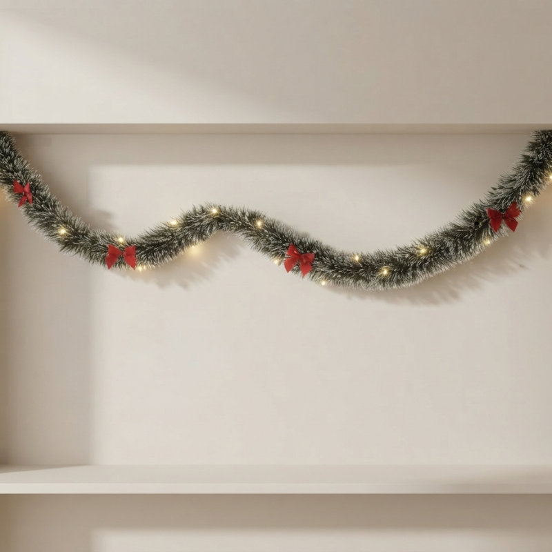 A flocked green Christmas garland draped across a white shelf, decorated with small warm white lights and red bow accents.