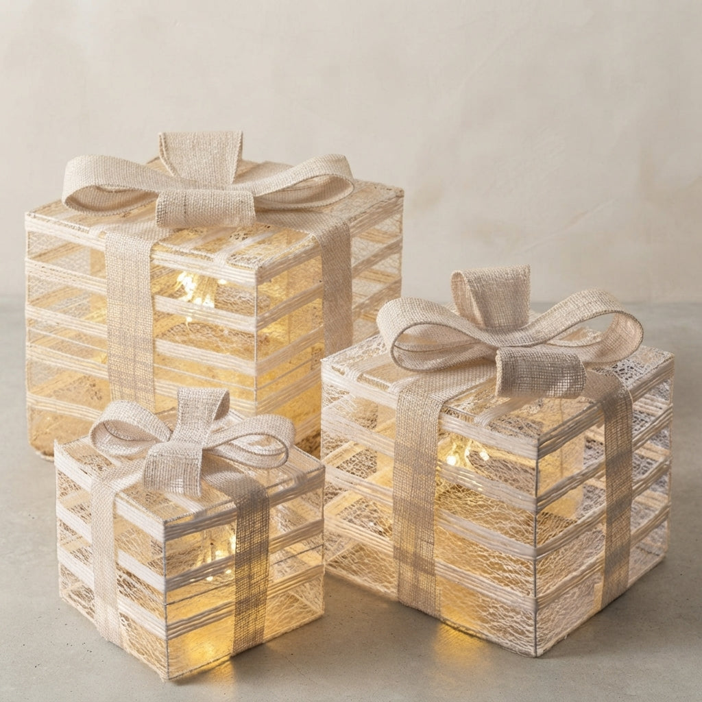 Three stacked gift box lanterns in different sizes, decorated with beige burlap ribbons and bows, glowing with warm internal fairy lights against a neutral beige background.