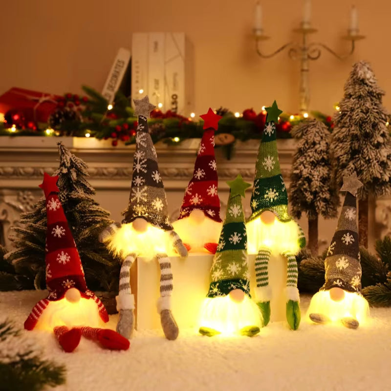 Decorative gnomes with colorful hats and striped socks in a festive setting.