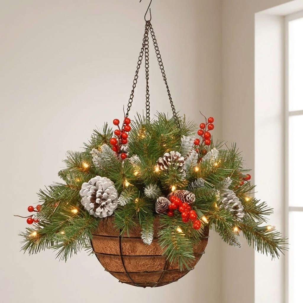 Christmas Hanging Basket Wreath with Pinecones and Berries