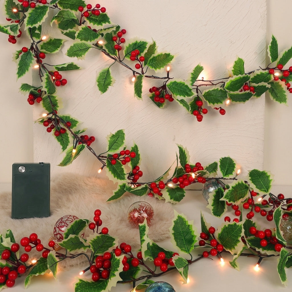 Christmas Light Garland Holly Berry LED 170cm Green White 1