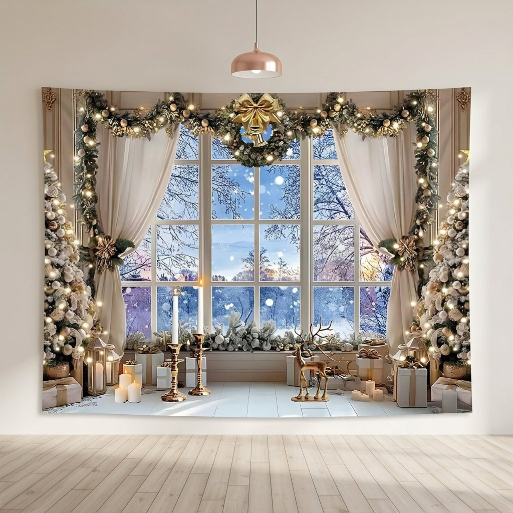 Christmas Photo Backdrop Polyester Winter Window and Trees 1