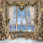 Christmas Photo Backdrop Polyester Winter Window and Trees 2