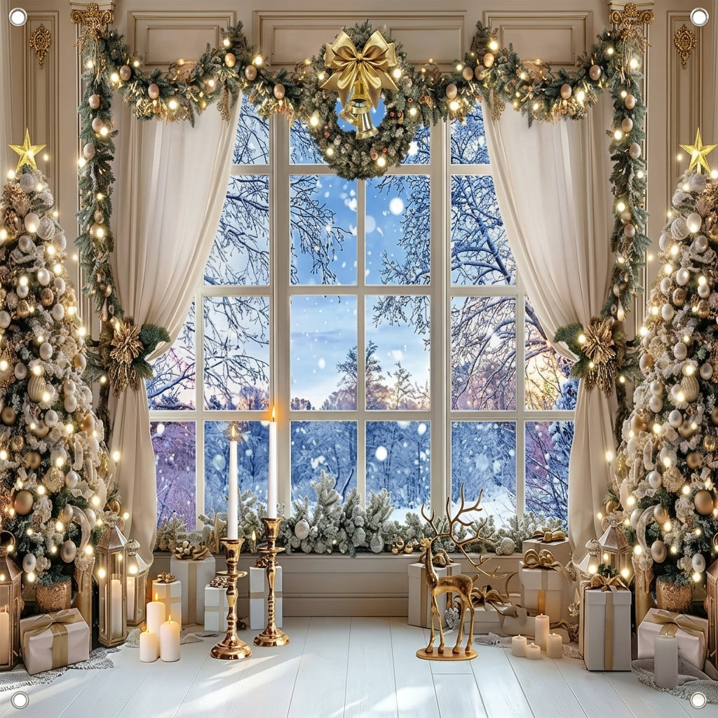 Christmas Photo Backdrop Polyester Winter Window and Trees 2