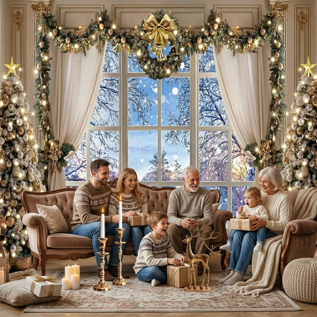 Christmas Photo Backdrop Polyester Winter Window and Trees 3