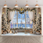 Christmas Photo Backdrop with Winter Window and Decorated Trees – Durable Polyester for Holiday Photography and Events, Multiple Sizes 0