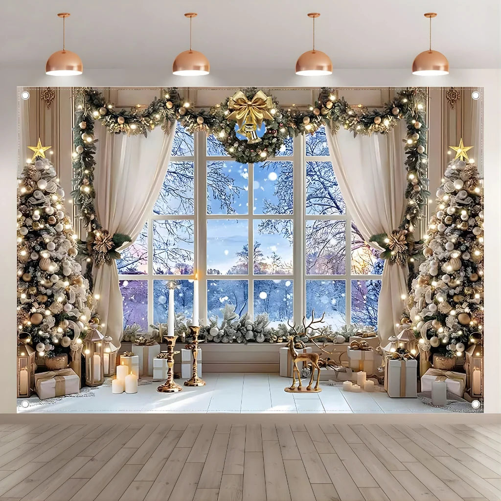 Christmas Photo Backdrop with Winter Window and Decorated Trees – Durable Polyester for Holiday Photography and Events, Multiple Sizes 0