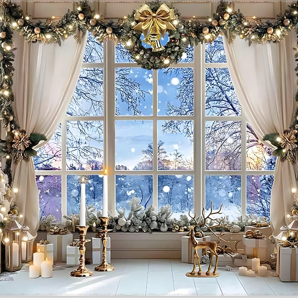 Christmas Photo Backdrop with Winter Window and Decorated Trees – Durable Polyester for Holiday Photography and Events, Multiple Sizes 1