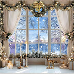Christmas Photo Backdrop with Winter Window and Decorated Trees – Durable Polyester for Holiday Photography and Events, Multiple Sizes 1