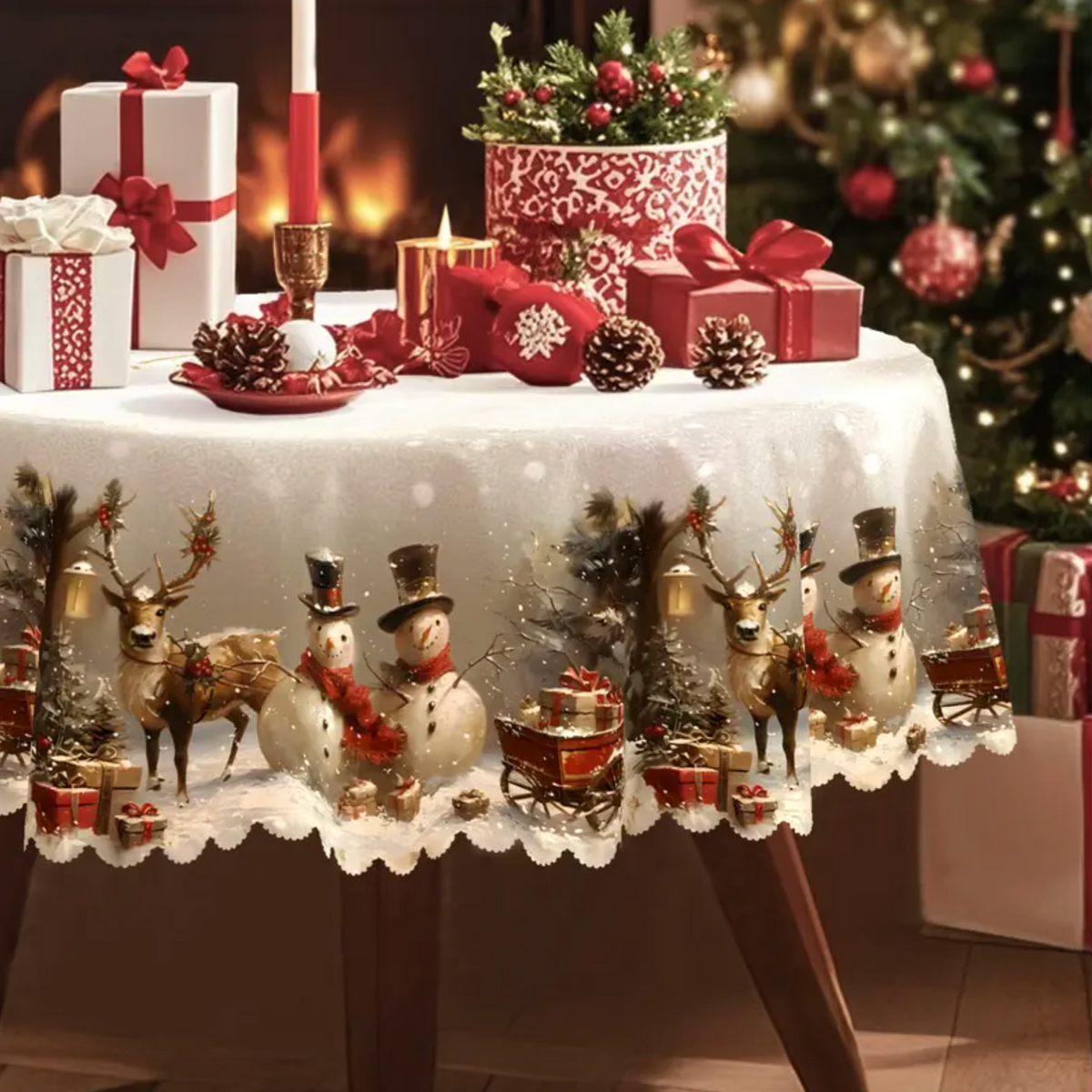 Christmas Tablecloth - Durable Polyester with Snowman & Reindeer Design 1
