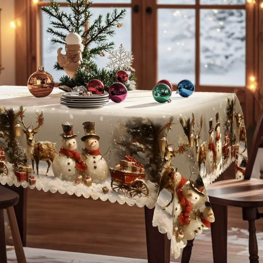 Christmas Tablecloth - Durable Polyester with Snowman & Reindeer Design 2