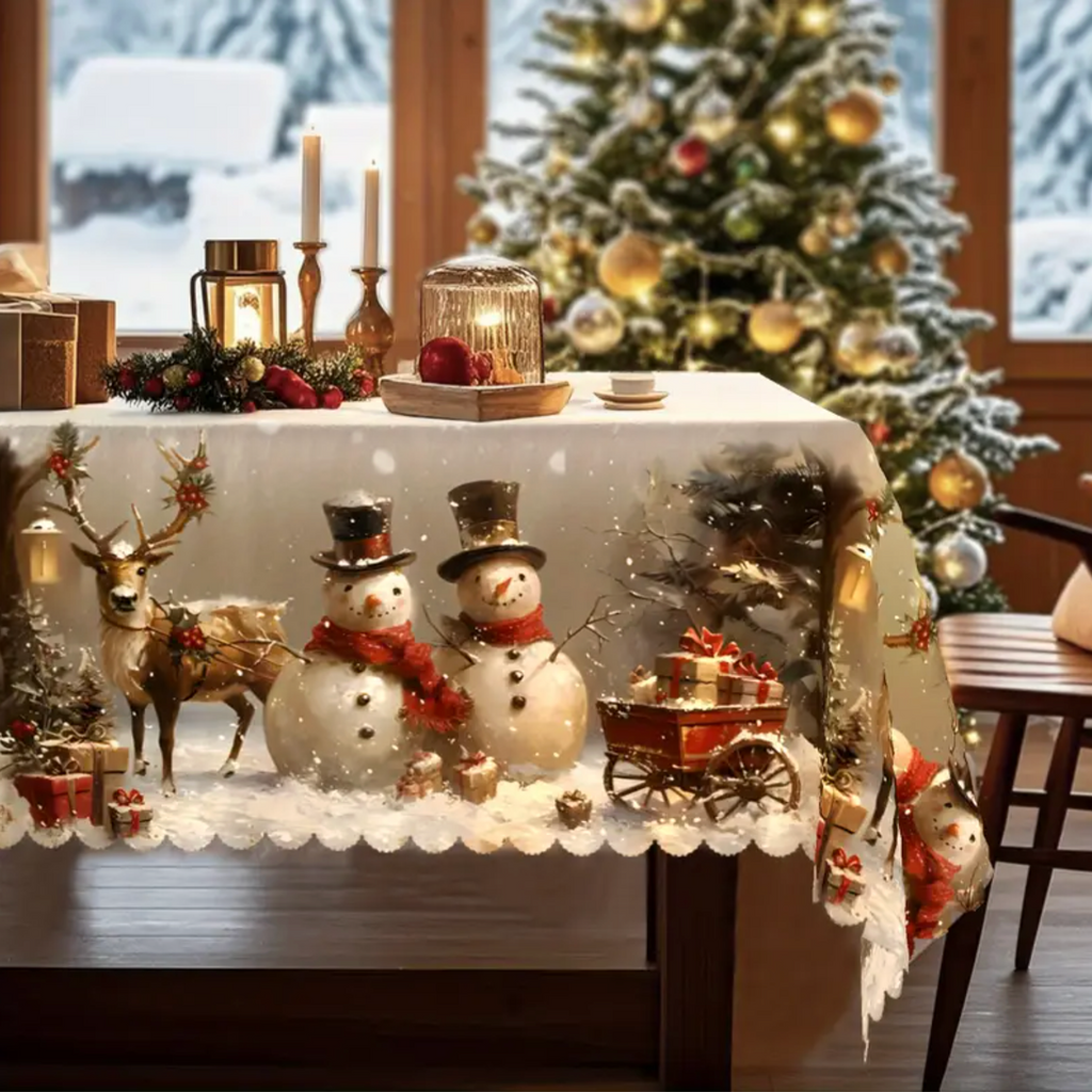 Christmas Tablecloth - Durable Polyester with Snowman & Reindeer Design 3