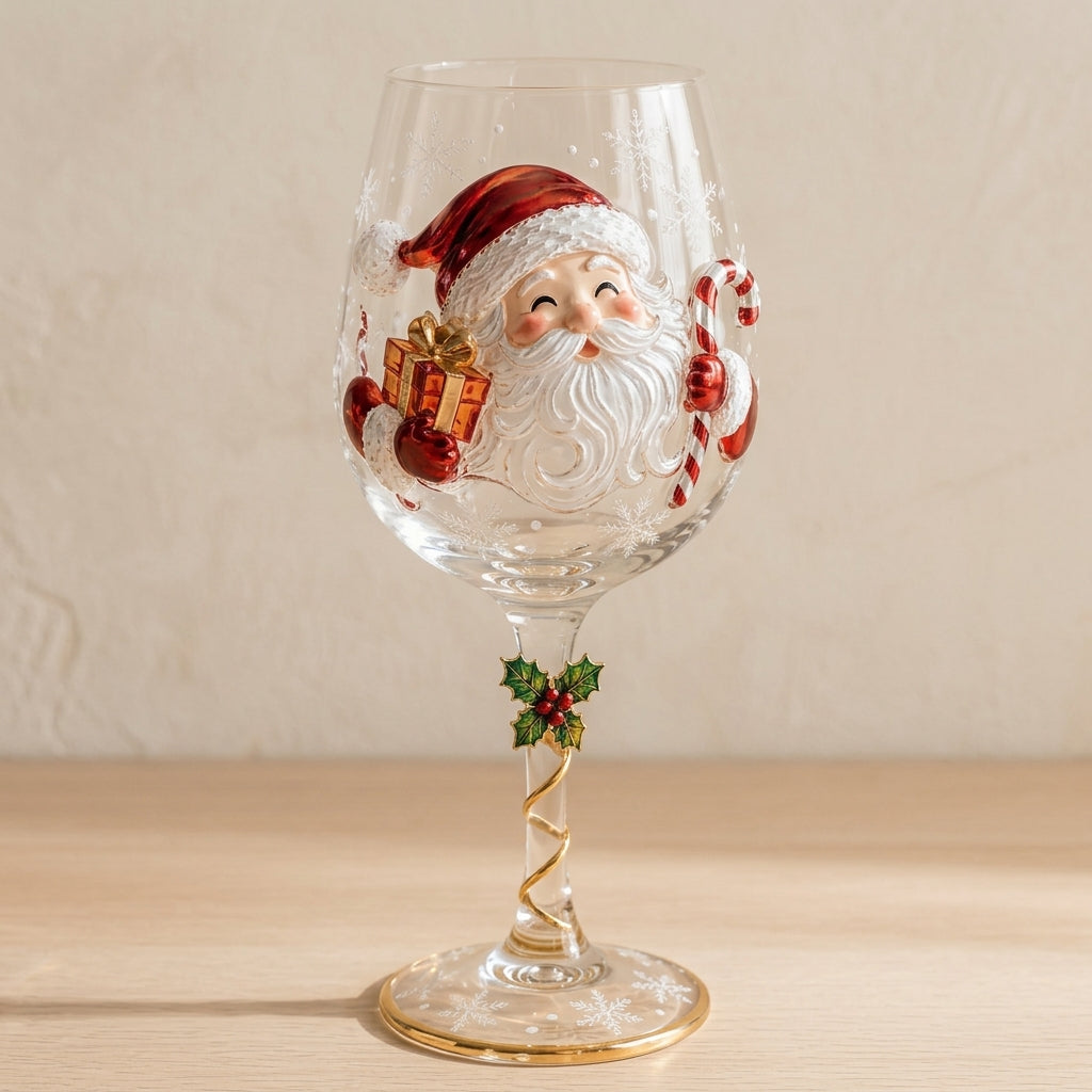 A clear wine glass with a festive Santa Claus design, featuring a painted Santa holding a gift and candy cane, with a gold-accented stem and holly decoration, set on a light wooden surface against a neutral beige background.