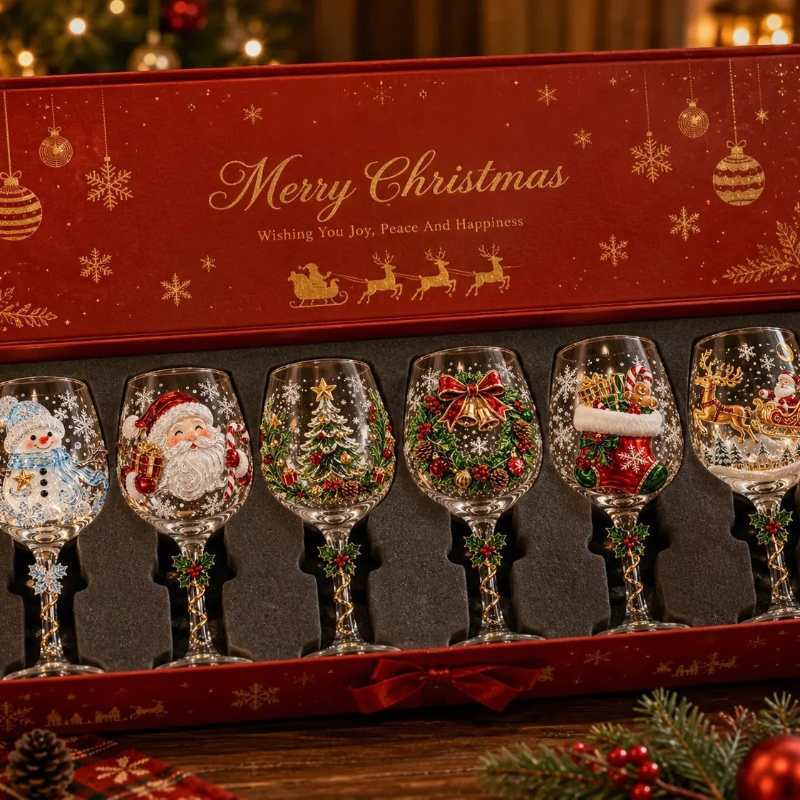 A set of six Christmas-themed wine glasses displayed inside an open red gift box with 'Merry Christmas' printed on the lid. The clear glassware features festive hand-painted designs including a snowman, Santa Claus, a Christmas tree, holly, a gift box, and a reindeer.