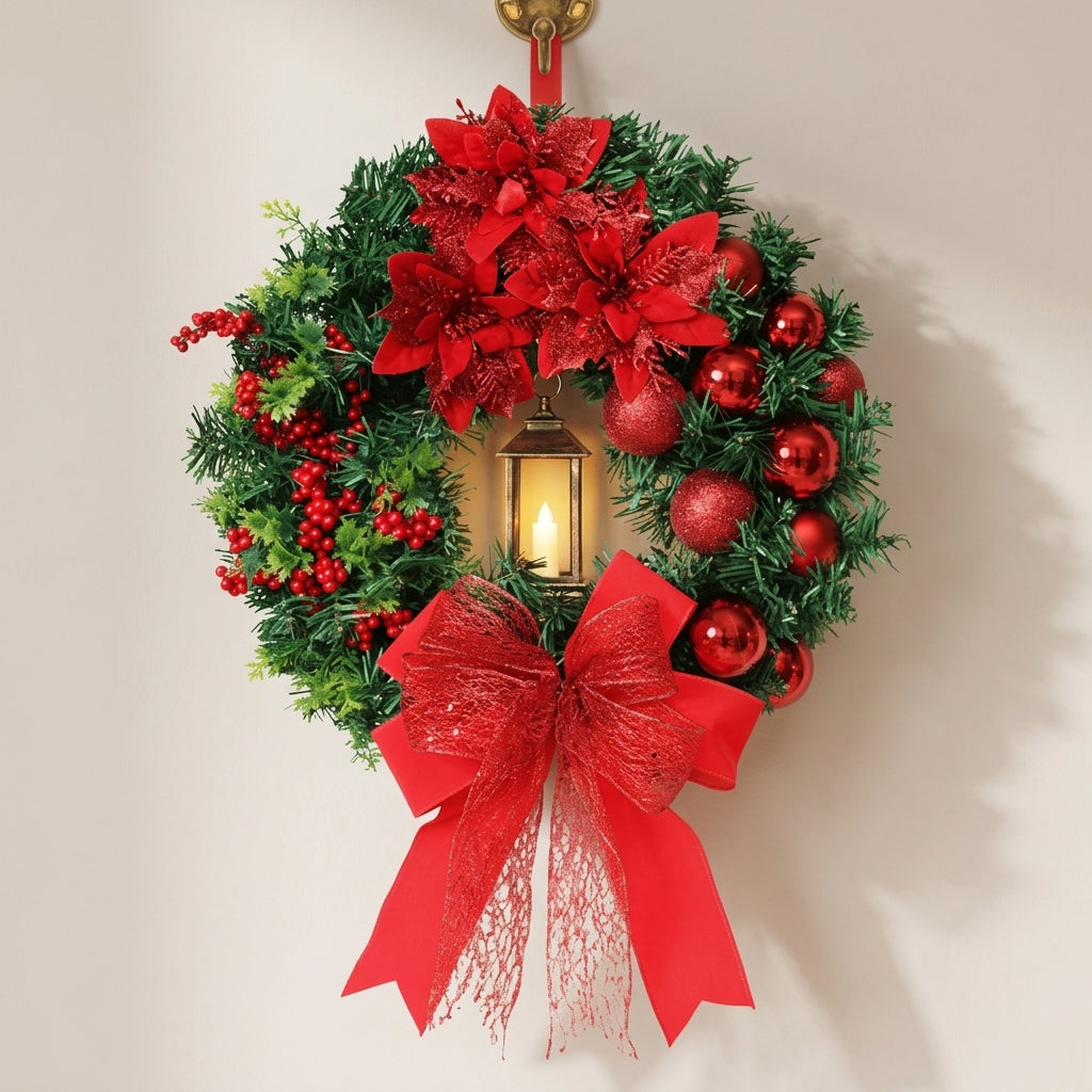 Christmas Wreath with LED Lantern, Greenery and Ornaments 1
