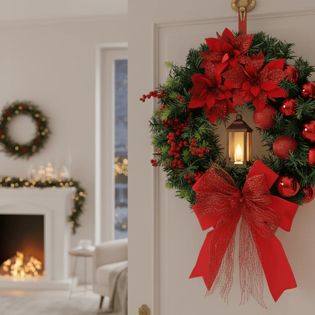 Christmas Wreath with LED Lantern and Ornaments – Outdoor Christmas Door Wreath for Front Door Decoration 0
