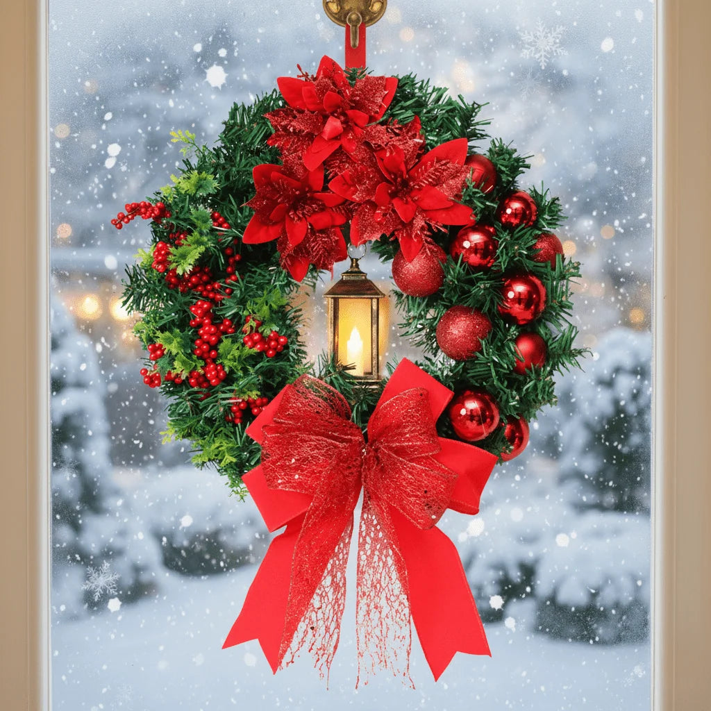 Christmas Wreath with LED Lantern and Ornaments – Outdoor Christmas Door Wreath for Front Door Decoration 1