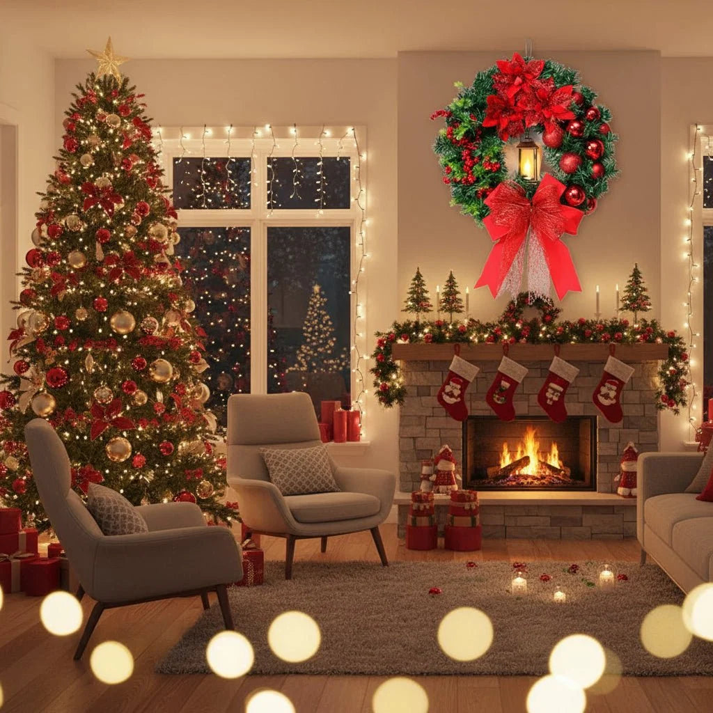 Christmas Wreath with LED Lantern and Ornaments – Outdoor Christmas Door Wreath for Front Door Decoration 2