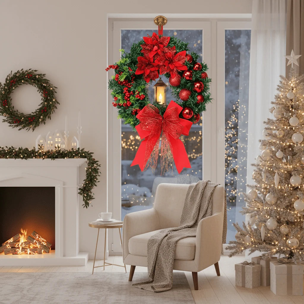 Christmas Wreath with LED Lantern and Ornaments – Outdoor Christmas Door Wreath for Front Door Decoration 3