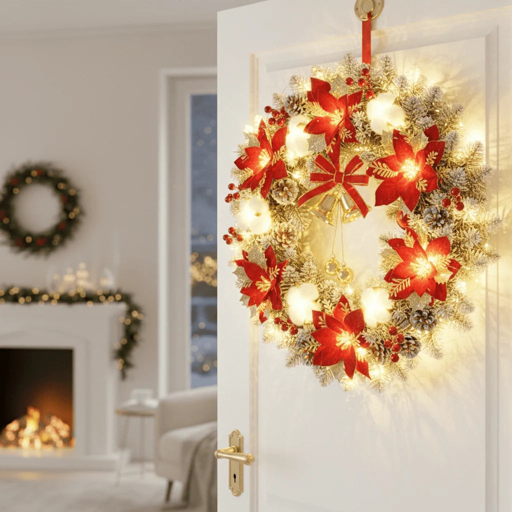 Classic LED Christmas Wreath with Bells and Golden Shimmer - Battery-Powered Holiday Door Wreath for Outdoor Decor 0