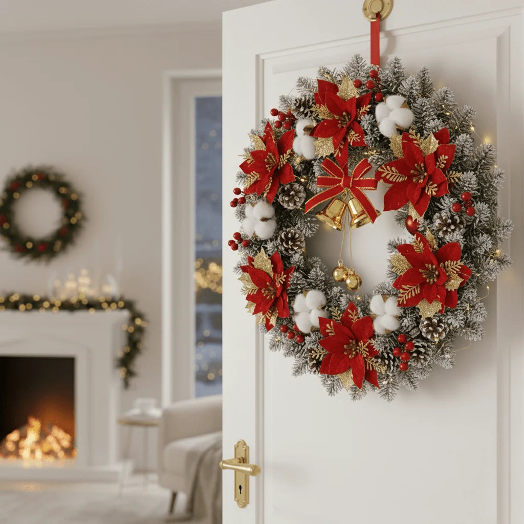 Classic LED Christmas Wreath with Bells and Golden Shimmer - Battery-Powered Holiday Door Wreath for Outdoor Decor 1