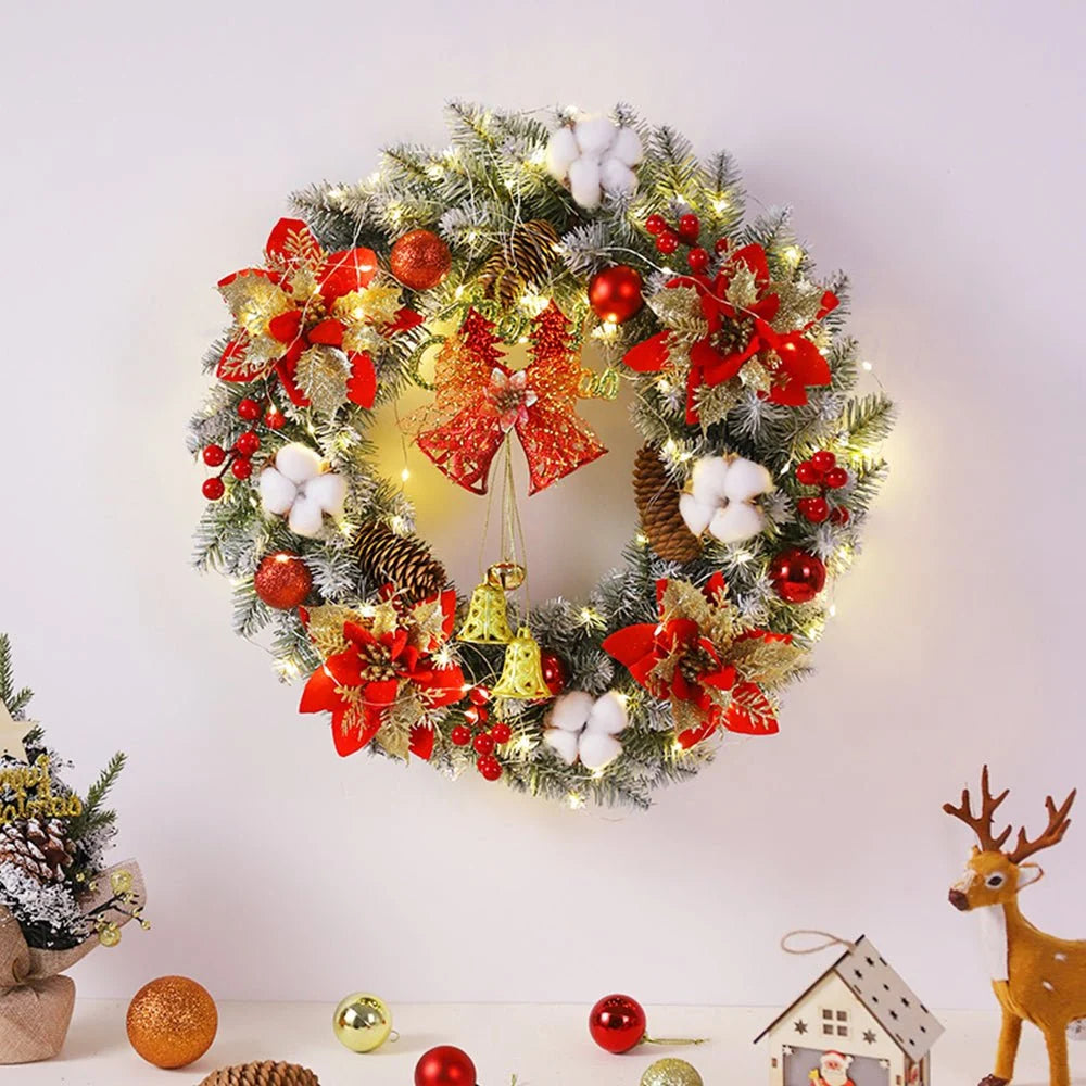 Classic LED Christmas Wreath with Bells and Golden Shimmer - Battery-Powered Holiday Door Wreath for Outdoor Decor 2