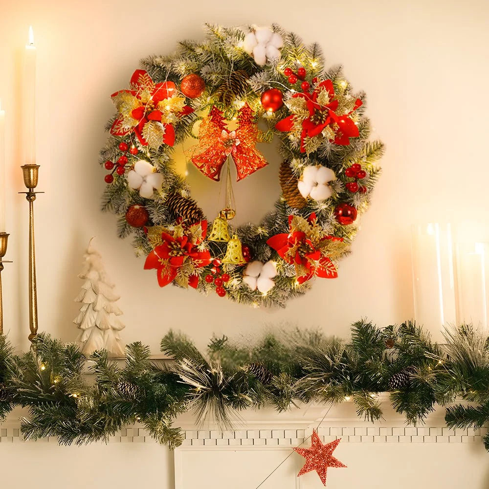 Classic LED Christmas Wreath with Bells and Golden Shimmer - Battery-Powered Holiday Door Wreath for Outdoor Decor 3