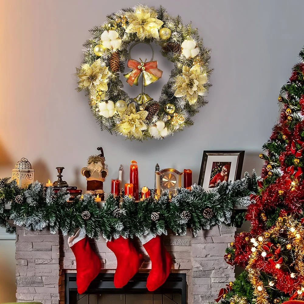 Classic LED Christmas Wreath with Bells and Golden Shimmer - Battery-Powered Holiday Door Wreath for Outdoor Decor 7