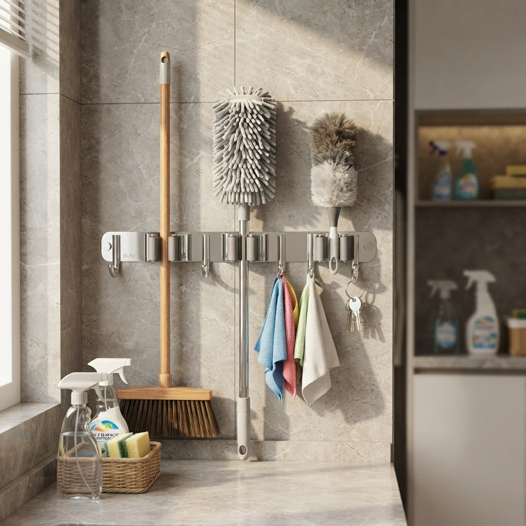 A wall-mounted metal broom and duster holder in a tiled bathroom or utility space, holding a broom, two dusters, and hanging towels. Cleaning supplies and a basket sit on the counter nearby.
