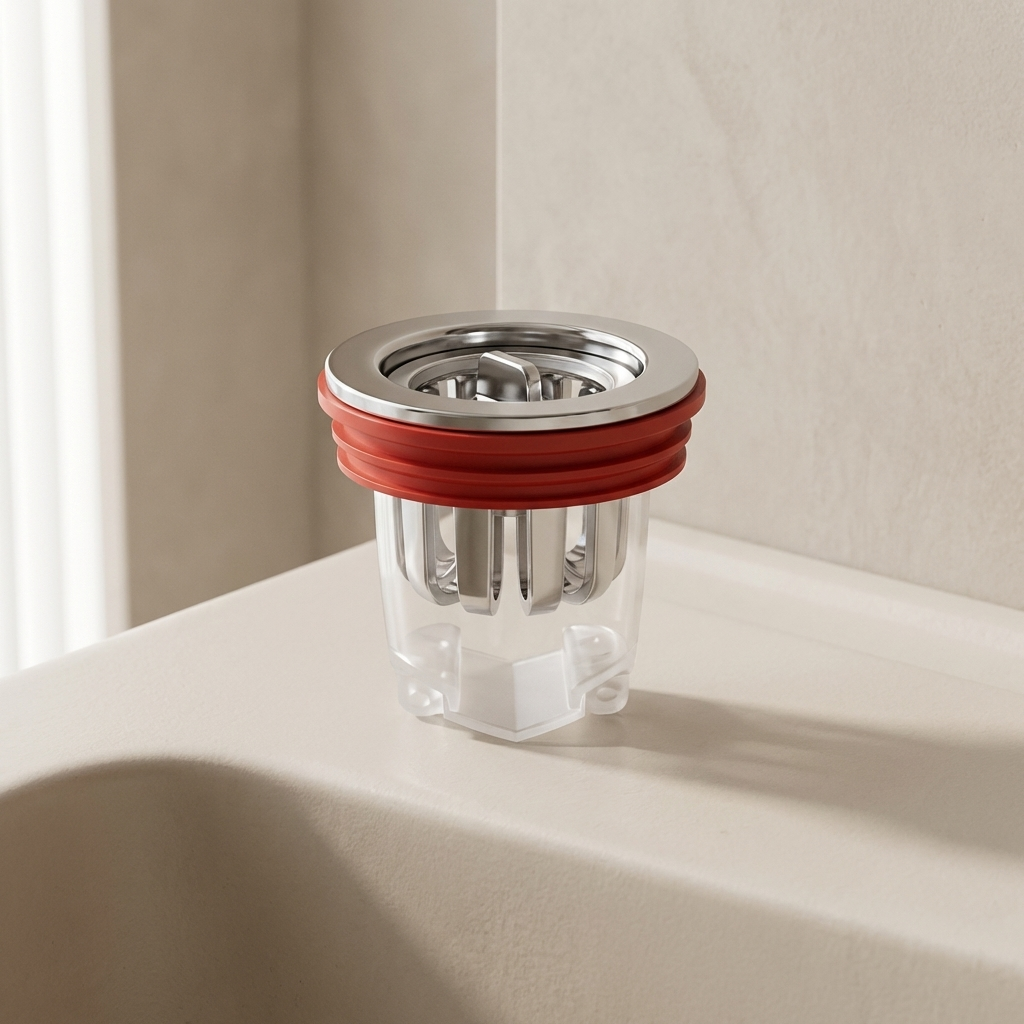 Clear glass container with red silicone lid on a light surface