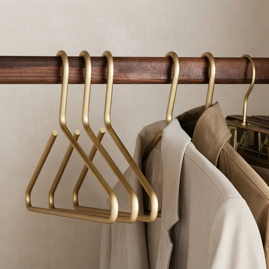 Four gold metal clothes hangers hanging from a dark wooden rod, with neutral-toned jackets partially visible on the right against a soft beige wall.