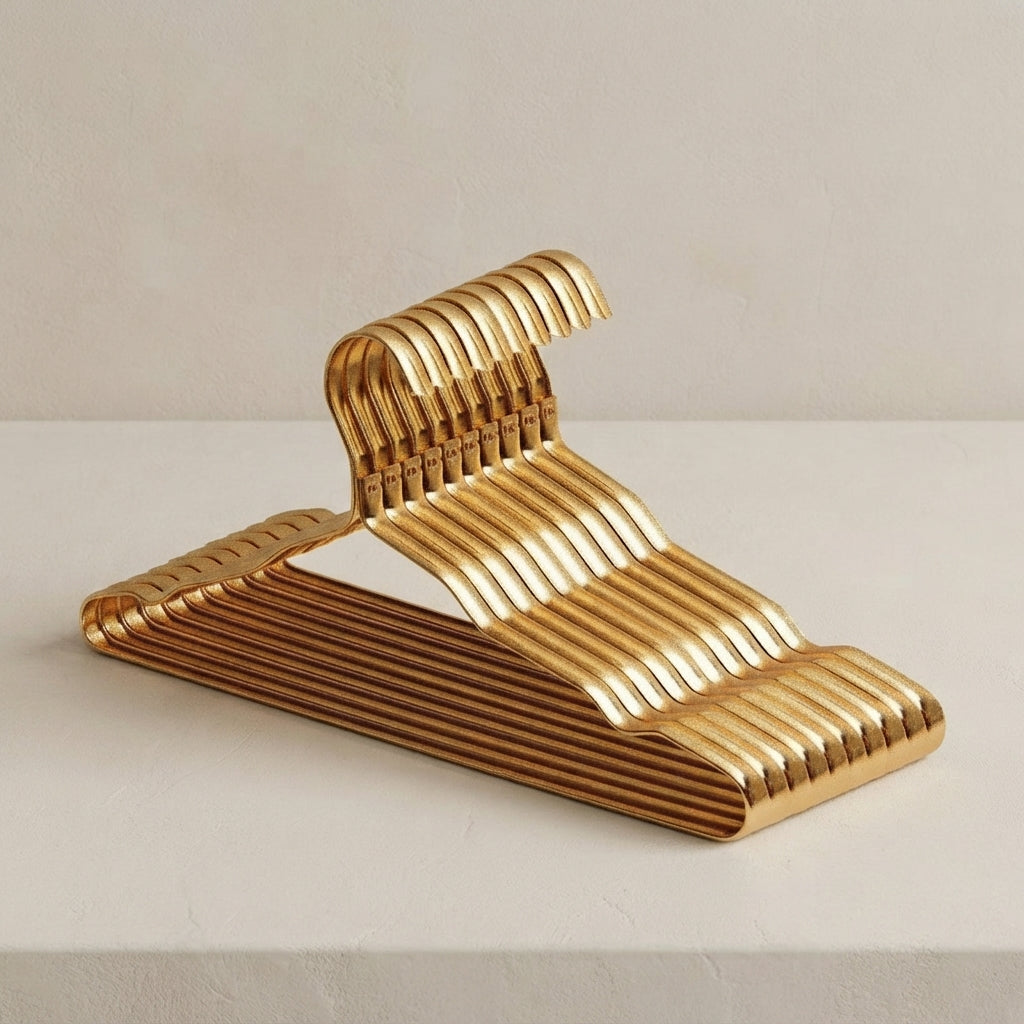 A stack of metallic gold clothes hangers with a ribbed, modern wavy design, displayed on a light beige surface against a neutral background.