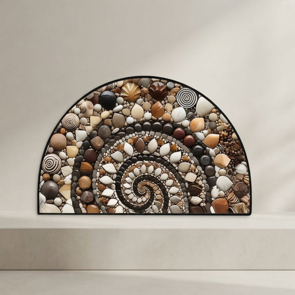 Coastal Doormat Semi-Circular Quick-Dry Fabric with Pebble and Seashell Design