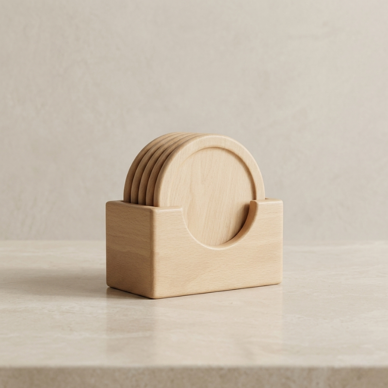 Set of wooden coasters in a holder on a neutral background