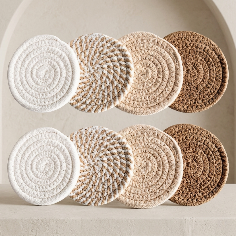 Set of round, textured coasters in white, beige, and brown on a neutral background.