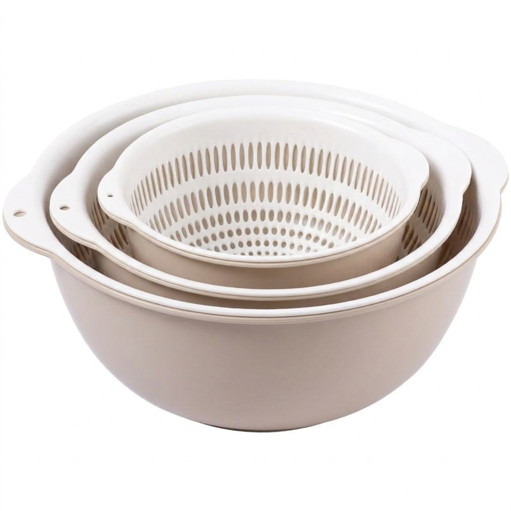 Colander Bowl Set Plastic 6 Piece Double Layer Nesting, Kitchen Prep Solution 7