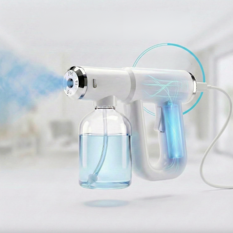 A handheld steam cleaner with a clear water bottle and a blue LED light indicator, shown with a blurred indoor background and mist coming from the nozzle.