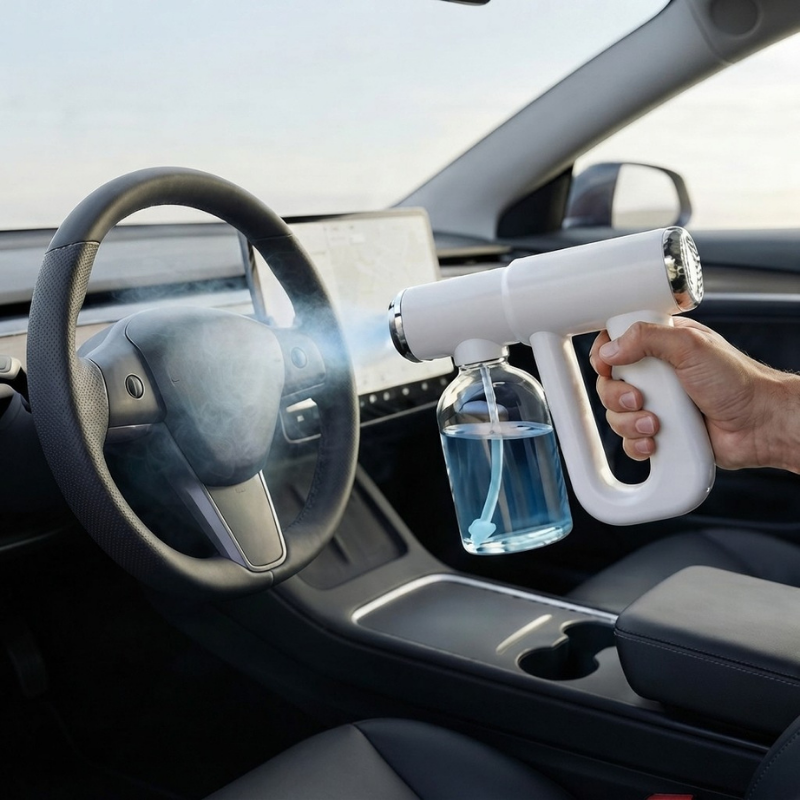 A handheld car interior disinfectant spray device with a white handle and a clear bottle of blue liquid, being used to mist the steering wheel inside a modern car.