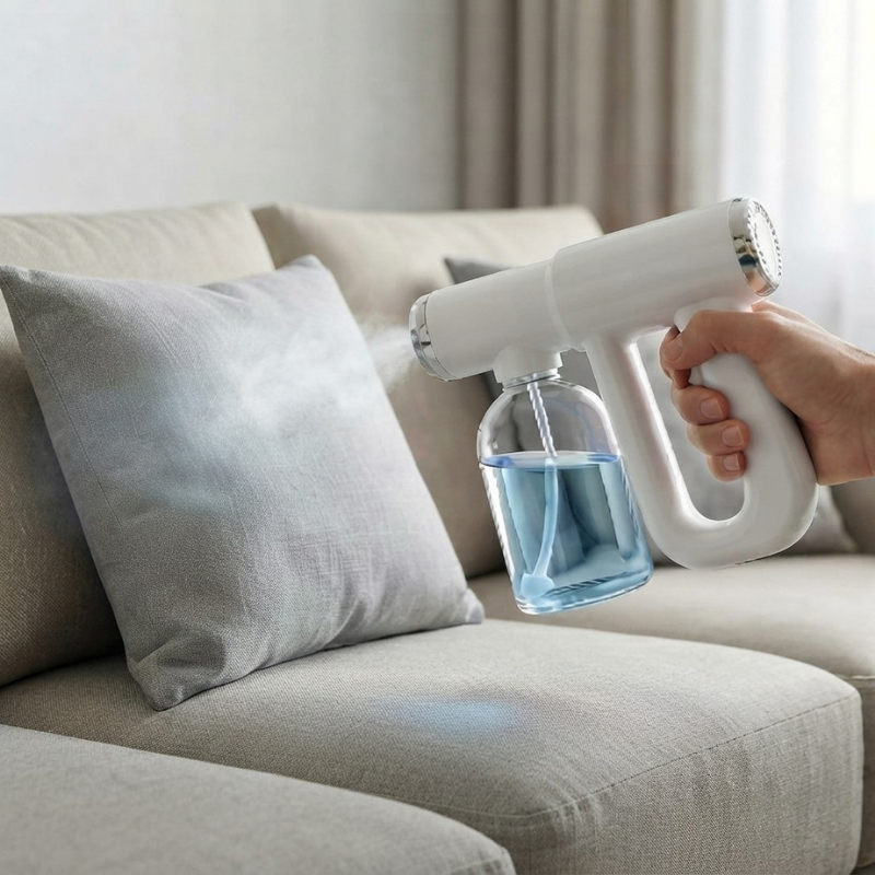 A handheld white misting device with a clear bottle of blue liquid is being used to spray a light gray sofa cushion in a living room setting.