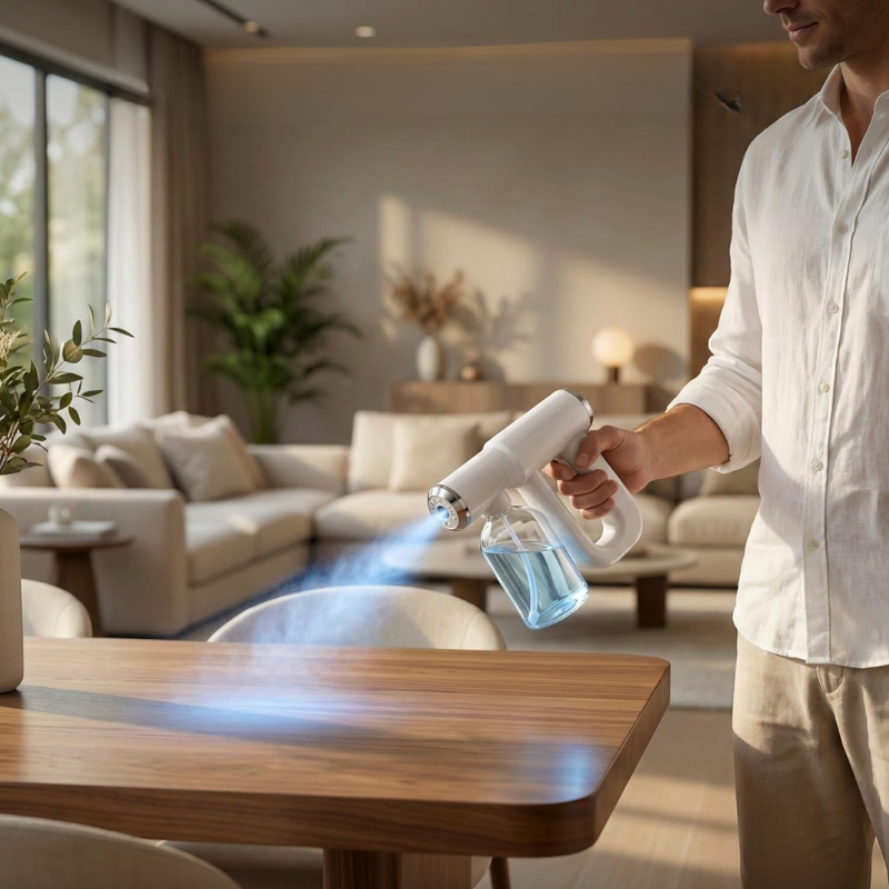 A man in a white shirt holds a white handheld misting sprayer with a clear water bottle and blue liquid, spraying a wooden dining table in a modern, sunlit living room.