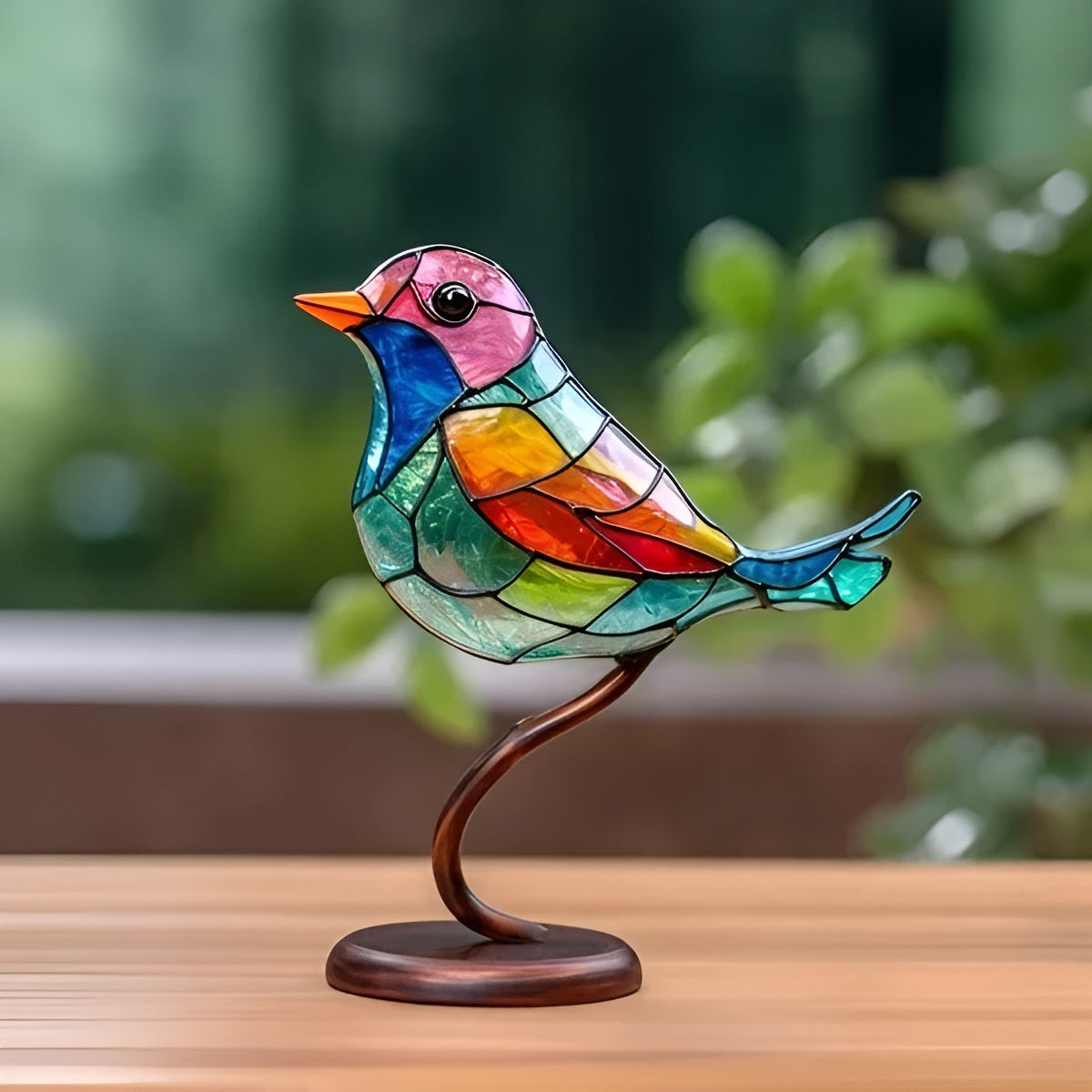 Colored Glass-Look Bird Decorative Sculpture on Metal Branch Stand – Indoor Accent Piece for Home Décor 0