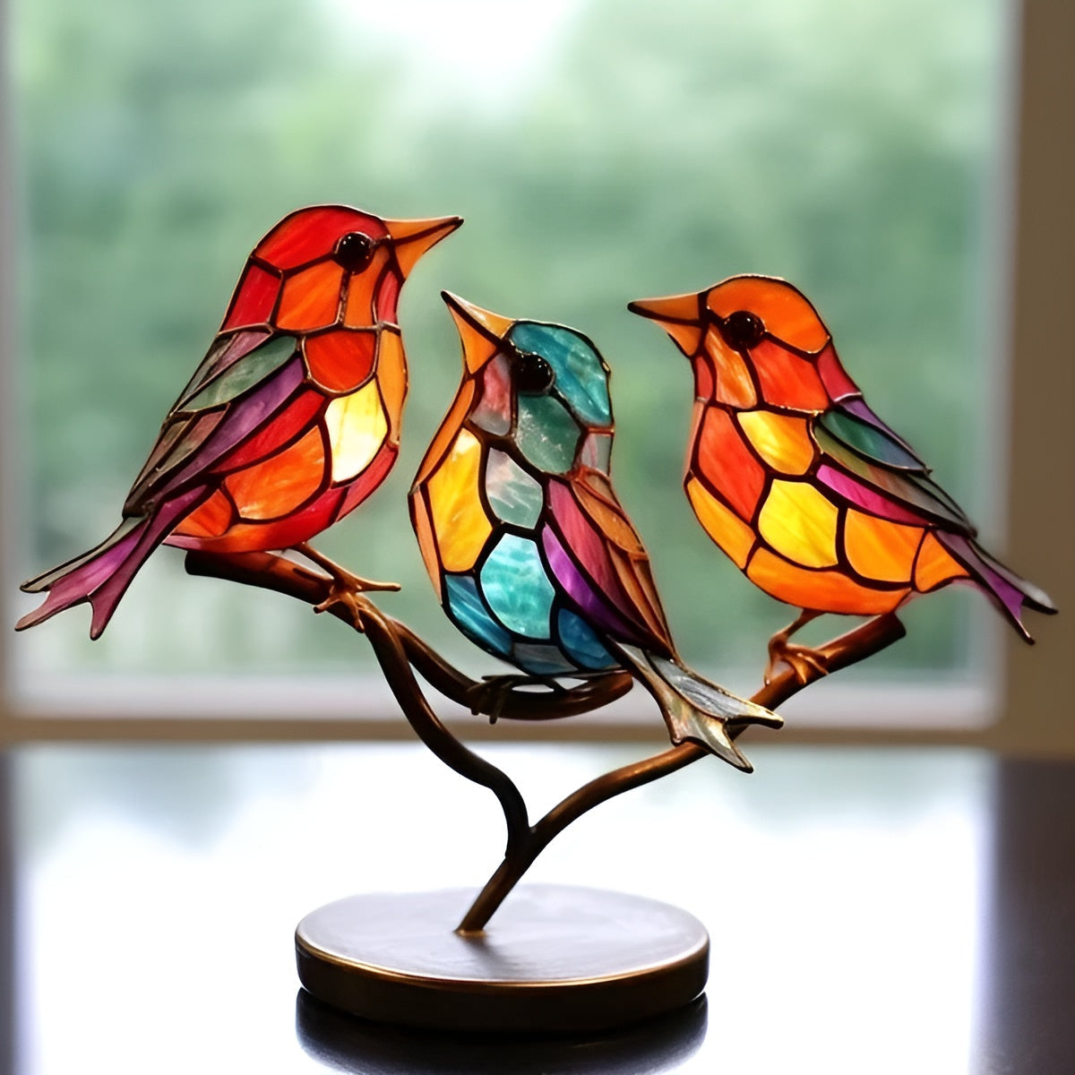 Colored Glass-Look Bird Decorative Sculpture on Metal Branch Stand – Indoor Accent Piece for Home Décor 1