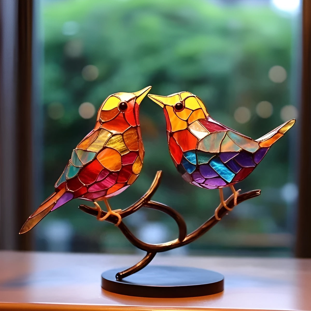 Colored Glass-Look Bird Decorative Sculpture on Metal Branch Stand – Indoor Accent Piece for Home Décor 2