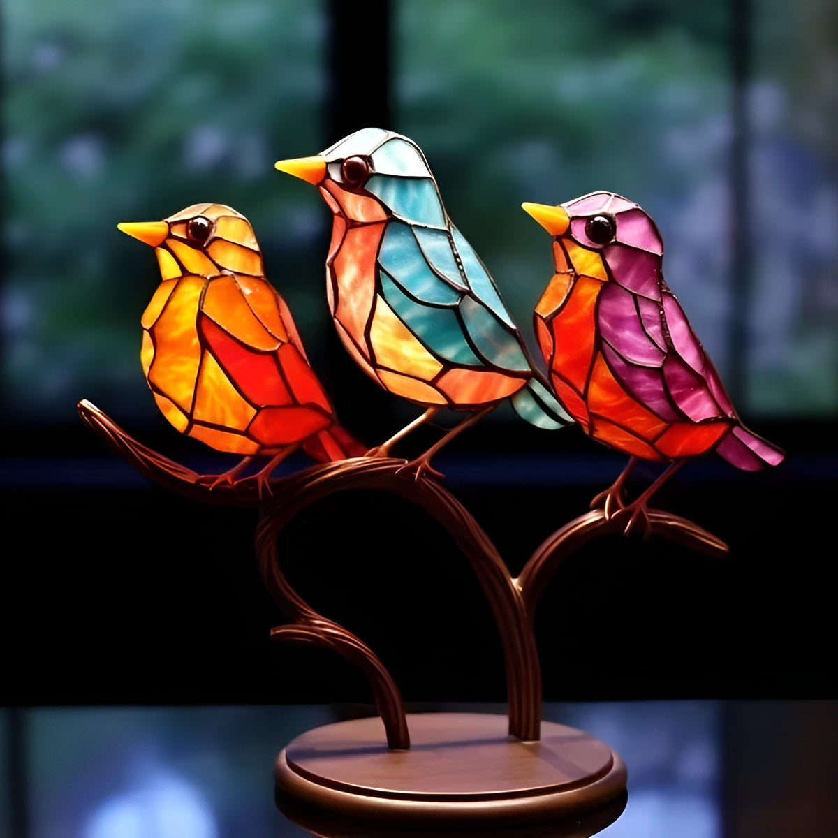 Colored Glass-Look Bird Decorative Sculpture on Metal Branch Stand – Indoor Accent Piece for Home Décor 3