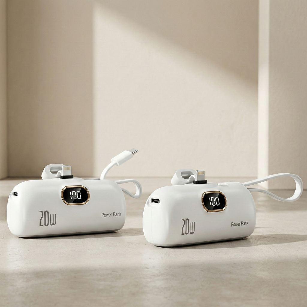 Two white power banks with digital displays on a beige surface.